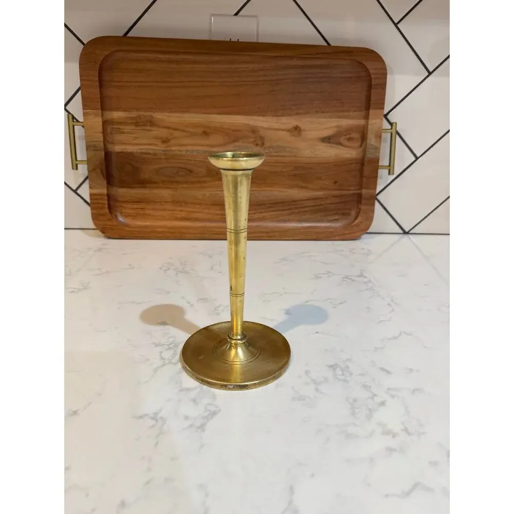 antique vintage brass candlestick holder classic turned, tapered stem wide base